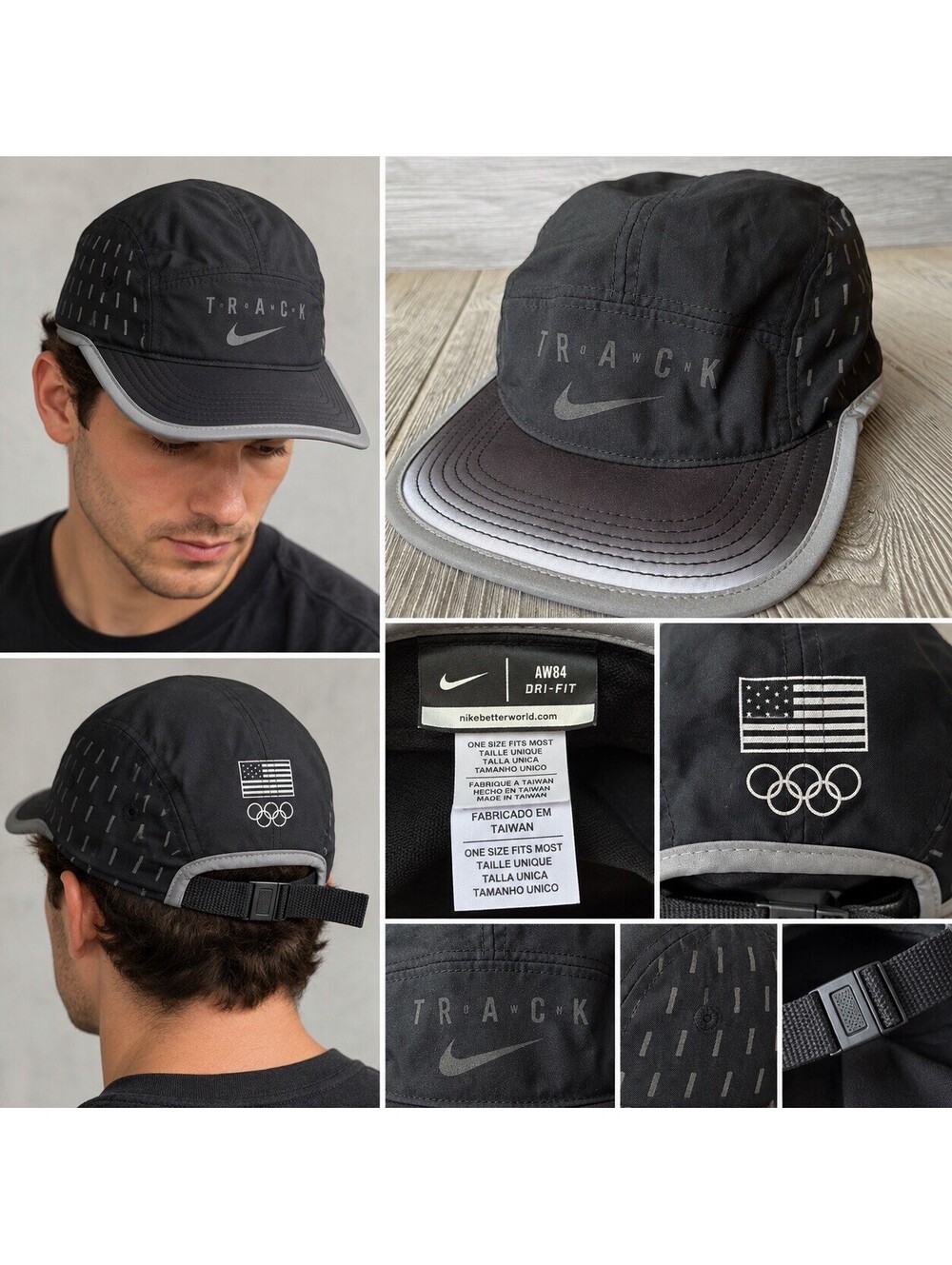 Nike AW84 Dri-FIT USA Olympic Track Running 5 Panel Hat Black Reflective OSFM